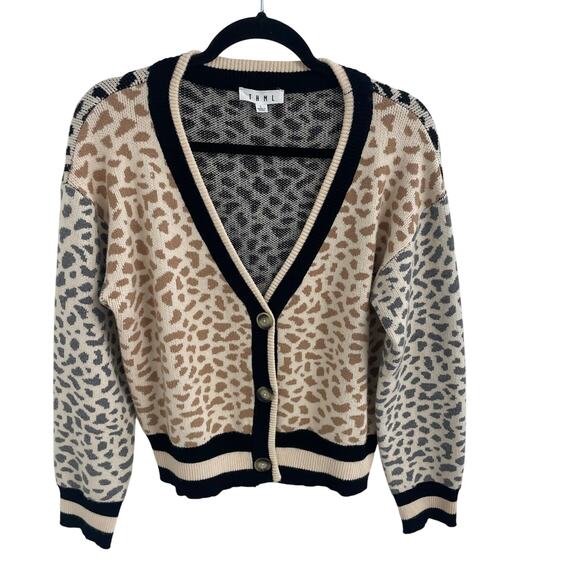 THML V Neck Button Front Animal Print Striped Cardigan Sweater Womens Large - Picture 1 of 5